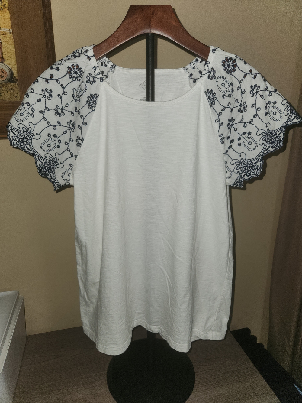 White Blouse with Navy Embroidered Sleeves